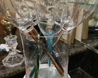 Set of 6 Vase with Colorful Hand Blown Long Stem Glasses