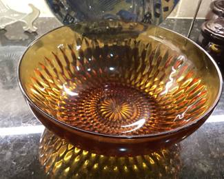 Vintage Indiana Glass Amber Salad Bowl Feather Cut Crystal Design