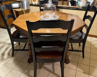 Octagon dining room breakfast table with two leaves four chairs with wide wooden bottom