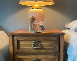 Wooden Side Table, Table Lamp, Murano Style Glass Fish in Bag, Carruth Nativity Stone, 