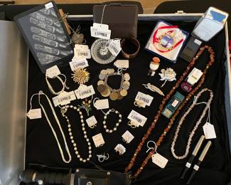 Miriam Haskell Baroque Pearl Necklace, 835 Silver Enamel Tulip Brooch, Trifari Sunflower Brooch, Hanzelka 1972 Sculpture, Sterling Ribbed Ring, Coach Mahogany Trifold Wallet, 14k Carla Hoop Earrings (A), 14k Carla Hoop Earrings (B)  