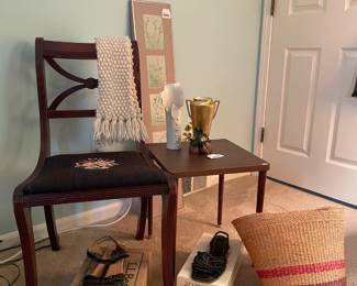 Wooden Chair, Side Table, Women's Shoes, Watkins Copper Enamel Flower Sculpture, Vases, Gwen Frostic Prints