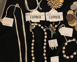 Miriam Haskell Baroque Pearl Necklace, 835 Silver Enamel Tulip Brooch, Trifari Sunflower Brooch 