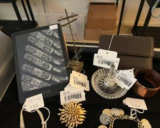 Trifari Sunflower Brooch, Hanzelka 1972 Sculpture, Sterling Ribbed Ring, Coach Mahogany Trifold Wallet  