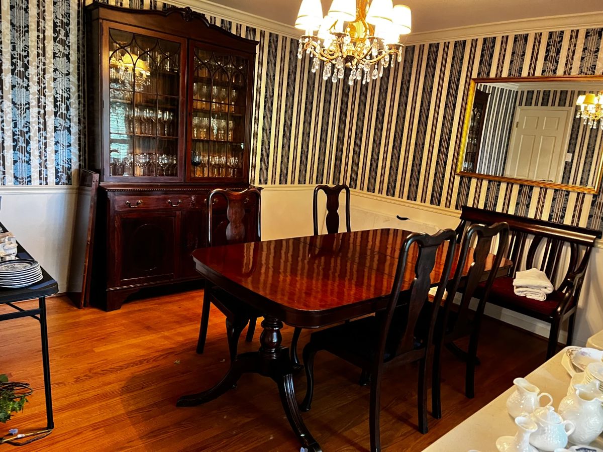 #1	double pedestal with 3 leaves and 6 chairs 61 to 97 x 40x20	 $225.00 			
#2	antique China cabinet with 2 glass doors, 2 wood doors, 2 drawers, 3 wood shelves 53x19x36 to 89	 $400.00