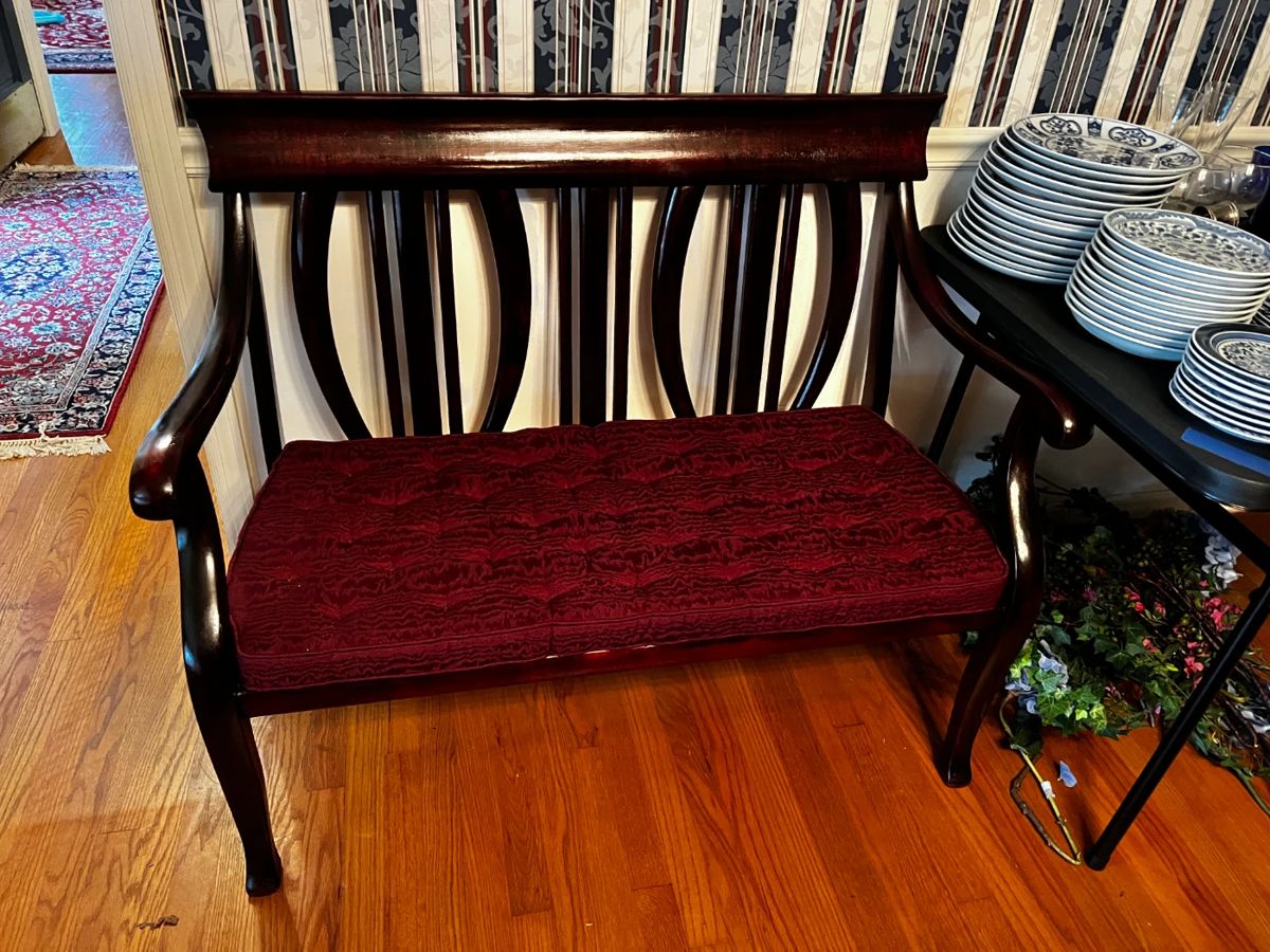 #3 mahogany wood bench with cushion 45" long $175.00
