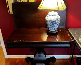 #14	wooden game table on pedestal base 34x17to34x30	 $175.00