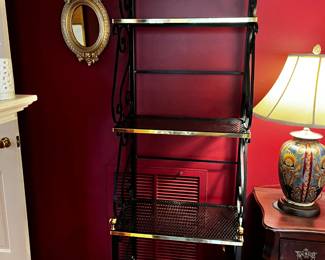 #17	baker's rack black and brass with 4 shelves 23x15x76	 $100.00 			
#16	ceramic base lamp with green and gold and red with flowers 26" tall	 $75.00