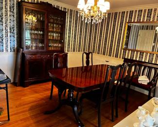 #1	double pedestal with 3 leaves and 6 chairs 61 to 97 x 40x20	 $225.00 			
#2	antique China cabinet with 2 glass doors, 2 wood doors, 2 drawers, 3 wood shelves 53x19x36 to 89	 $400.00