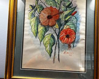 #106	Original Hisbiscus Water Color    by H Mason - Framed under Glass - 18x22	 $75.00