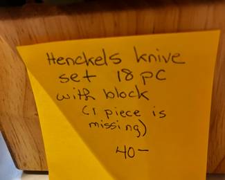 #160	 Henckels Knife Set - 1 man - 18 pc w/block (1 piece missing)	 $40.00