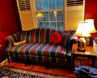 #181	 blue red gold camel back sofa 	 $75.00