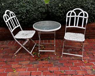 #54	Set of 2 White Metal Folding Chairs w/Folding Table (as is rust) - Table - 24x26	 $65.00