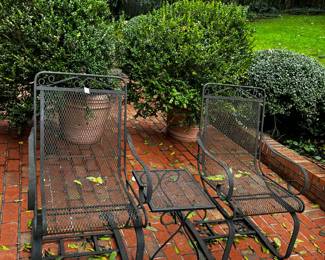 #56	Set of 2 Black Wrought Iron Bouncy Chairs w/single table 	 $150.00