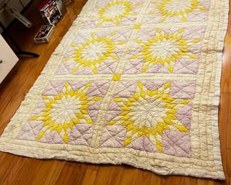 #189	quilt	Scrappy yellow muslin star quilt winter weight 57x75	as is base $65.00