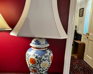 #20	Ceramic Ginger Jar w/blue, yellow, red pansies on Wood Base - 30" Tall	 $75.00