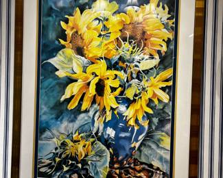 #167	Sunflowers by Terry Reid - 1982 Print Framed and Matted - 27x36	 $40.00