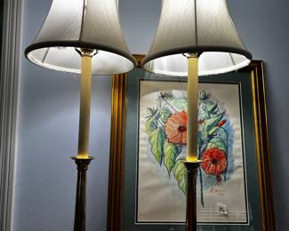 #107	Pair of Brass Buttom Buffet Lamps - 29" Tall (as is shades)	 $60.00