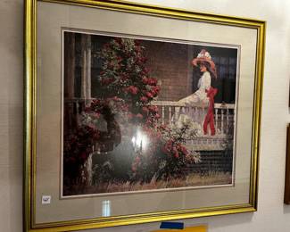 #83	Print of Lady sitting on Front Porch Rail - 34x30 Framed	 $50.00