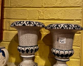 #175	Pair of Blue & White Vases - Crackle Pattern - 9" Tall	 $25.00