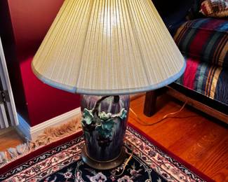 #9	purple and green ceramic lamp with a frog on grape vine 26" tall	 $200.00