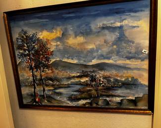 #82	Watercolor of Lake Scene by Amelia Elaine Randy Framed - 32x24	 $40.00