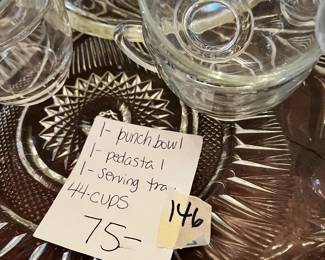 #146	Punch Bowl w/Stand and 24" Underplate w/mixed punch cups	 $75.00