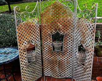 #50	3 panel Fold-out Decorative Metal Plant Holder (has 3 pots) - 56Wx72 Tall (as is some rust)	 $75.00