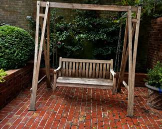 #43	Wood Patio Stand w/Wood Swing - Swing is 48" Wide, Stand is 78" Wide	 $150.00