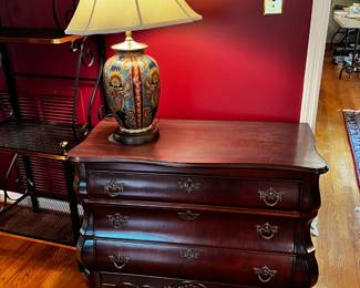 #15	bombay 3 drawer chest with ball and claw feet 35x17x28	 $175.00                                                                    	#16	ceramic base lamp with green and gold and red with flowers 26" tall	 $75.00