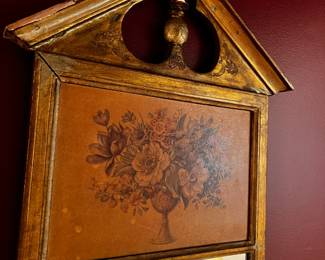 #18	gold mirror with painted flowers on top 12x23	 $75.00