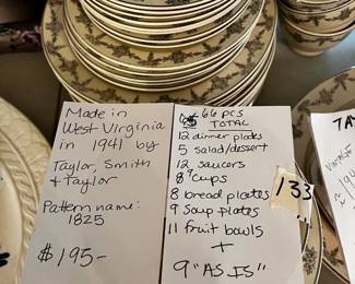 #133	China made in West Virginia in 1941 by Taylor, Smith & Taylor - Pattern 1825 - Mixed Set 66 pieces	 $195.00