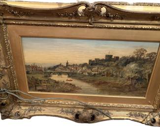 Antique original oil painting dated 1910, signed by the artist (C. Cooper). Charming English river landscape featuring a stone bridge, village rooftops, and a hilltop castle. Housed in a beautiful period gilt-gesso Rococo frame. Excellent decorative statement piece for traditional interiors.                                                                           Price: $275 or BO