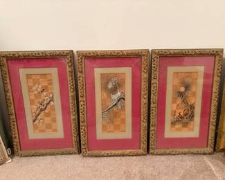 Mid-Century Japanese Yosegi Marquetry Art Trio – Crane, Plum Blossom, Moon Reeds – Framed Price: $135 or BO