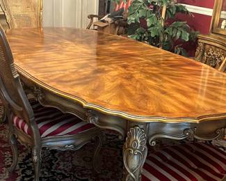 Gorgeous vintage French Provincial dining suite featuring a burl-veneer sunburst oval table, 6 cane-back upholstered chairs, ornate carved china cabinet, and matching buffet. Excellent condition with beautiful patina. Timeless style and sturdy construction — perfect for formal dining or decorative statement rooms. Must see in person.                                                                                      Table + chairs: $1,350
Hutch: $475
Buffet: $375
Entire set:  $2,150
First Day Offer Full Set $1800