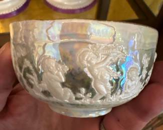 Antique Bavarian Luster Porcelain Cabinet Cup (Putti Relief) — c. 1905–1920 (Picture 1 of 2)
Beautiful antique Bavarian porcelain cabinet cup featuring high-relief cherub/putti figures around the exterior with an iridescent pearl luster glaze. Marked “R.S. Altesburg Bavaria” on base. Excellent cabinet display piece with classic Art Nouveau charm.
Very good antique condition with light wear appropriate to age.
Price $55 or BO