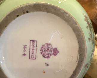 Royal Sphinx Boch Decorative Porcelain Ewer (c. 1930–1950) Picture 2 of 2. 
Large vintage porcelain ewer with celadon green ground, raised gold scrollwork, and Japonesque floral decoration. Ornate sculpted handles and finial. Marked “Royal Sphinx Boch, Made in England” on underside. Excellent statement cabinet or mantle display piece.
Vintage condition (repaired tip)                                                          Price $60 – $75 or BO