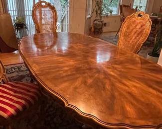 Gorgeous vintage French Provincial dining suite featuring a burl-veneer sunburst oval table, 6 cane-back upholstered chairs, ornate carved china cabinet, and matching buffet. Excellent condition with beautiful patina. Timeless style and sturdy construction — perfect for formal dining or decorative statement rooms. Must see in person.                                                                                      Table + chairs: $1,350
Hutch: $475
Buffet: $375
Entire set:  $2,150
First Day Offer Full Set $1800