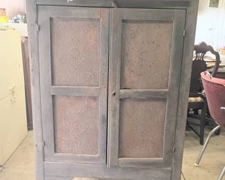 Primitive pie safe, original pressed tin doors.