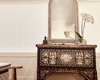 Rare, Antique Syrian Bridal Chest, Vintage Moroccan Cathedral Arch Mirror, Bone & Silver Inlay