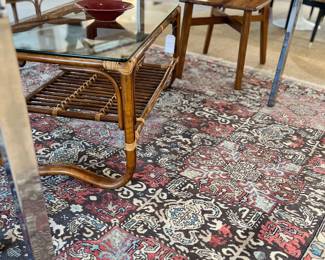 Vintage Rattan Coffee Table, Vintage Bakhtiari Rug 8' x 6.7' hand knotted