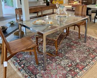 Chamcha Wood Slant Dining Chairs, Vintage Rattan Coffee Table, Vintage Bakhtiari Rug 8' x 6.7' hand knotted, Vintage Milo Baughman Chrome Dining Table (has additional leaf)