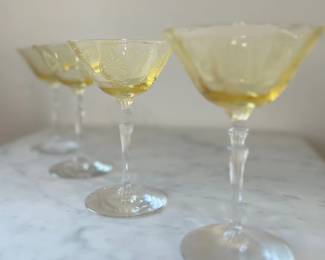 Vintage Yellow Etched Martini Glasses, (2) have minor edge chips, it's 5'o clock now