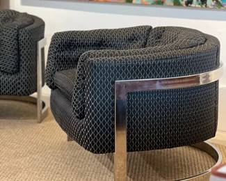 Mid Century Jules Heumann Chrome Cantilever Barrel Lounge Chairs, pair