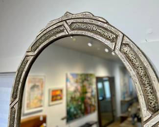 Vintage Moroccan Cathedral Arch Mirror, Bone & Silver Inlay (detail)