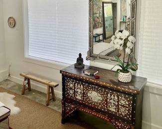 Rare, Antique Syrian Bridal Chest, Vintage Moroccan Cathedral Arch Mirror, Bone & Silver Inlay, Antique Elmwood Bench