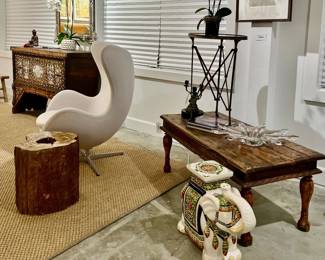 Arne Jacobsen Egg Chair, Rare Petrified Wood Side Table, Antique Bronze & Marble Guéidon Table, Rare Syrian Bridal Chest, Vintage Moroccan Cathedral Arch Mirror, Dieter Krieg, Untitled 1964 Lithograph