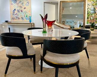 Eero Saarinen Tulip Table 47" (sold) / Arteriors Swanson Dining Chairs, Seguso Art Glass , Clayton White Original Painting "Deep Purple 14", 2023.