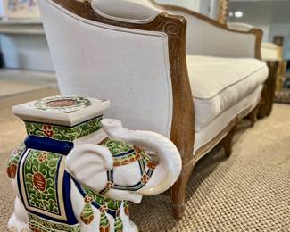 Ballard Designs 'Sofia" Settee, Ceramic Elephant Garden Stool, sold as a pair