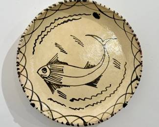 Antique Ceramic Fish Plate 10 3/4" in diameter, vintage design with specialized antique metal hanging hardware.